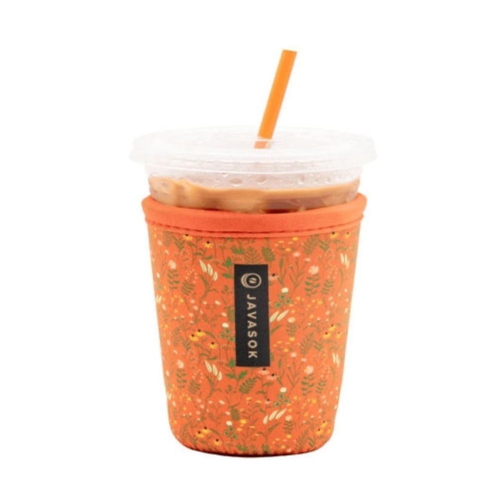 JavaSok Reusable Neoprene Insulator Sleeve Iced Coffee Cups Coral Floral Medium